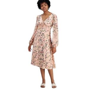 Tinsel Pink ' V-Neck Lace-Trim Floral Midi Dress Long Sleeve Dress Baby Doll XS